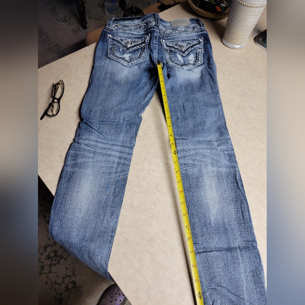 Miss me jeans size 26 mid rise skinny distressed, embellished-blue/silver - Picture 6 of 15
